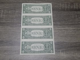 未裁剪，美国幸运纸币$ 1Dollar 4连
