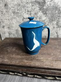 80年代，博山瓷厂，蓝釉仙鹤茶杯一只