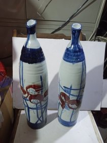 老手绘青花釉里红写意荷花胆瓶一对(直径11cm高50cm)