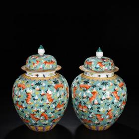 清代瓷器精品老货收藏 清乾隆绿地粉彩福寿纹将军罐