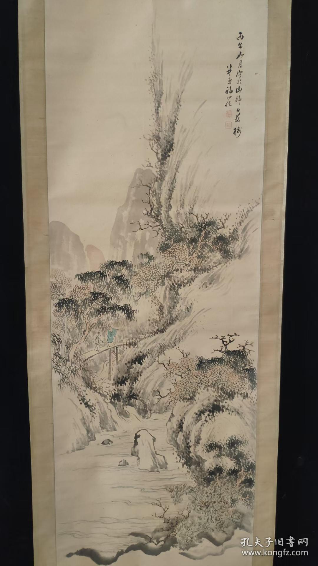 清末日本南画大家福田半香画秋山高士图 纸本淡彩立轴  130*46