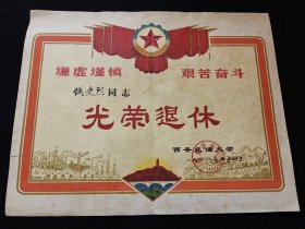 1978年 / 西安交通大学 《光荣退休证书》 / 有西安交通大学印章 / 有破损、有污渍 （介意勿拍）谢谢！/ 尺寸请看详情页拍摄图（手工测量有误差） /品相内容尺寸以我拍摄图为准