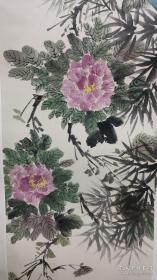 国画 花鸟画 三朵紫花 已装裱 镜心 34厘米X136厘米