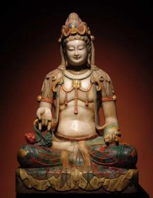 （议价） 唐代汉白玉彩绘大观音工艺精美，法相庄严高105cm宽65cm厚50cm