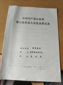 宿迁县团县委书记吴凤琴1977年江苏省党的六大代表登记表