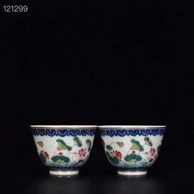 清乾隆青花粉彩描金荷花鸬鹚纹杯