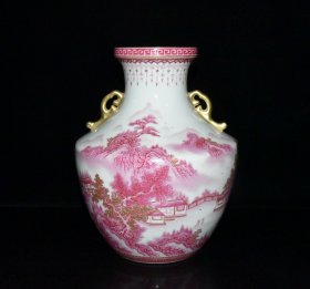 大清雍正年制胭脂红描金山水人物纹双耳尊 尺寸28.5x24cm