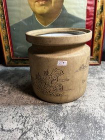 手刻山水，紫砂挂釉罐子，裂
