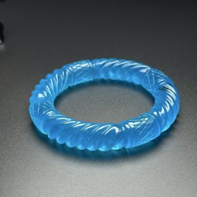 珍藏1翡翠冰种海蓝宝蓝水翡翠 雕刻麻花手镯 内口径：60/14mm左右