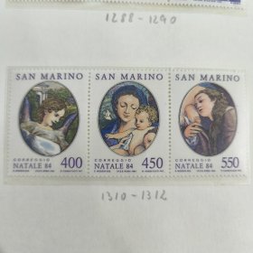 SAN129圣马力诺邮票 1984年 圣诞节 柯勒乔绘画 母子 玛利亚 3全 新