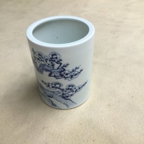 闲 5856 近现代中国画家《陆俨少 1989年绘笔筒 梅花图》真迹保真