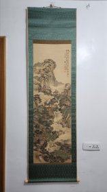 清末:日本江户后期画家黑部拈華笔【田能村竹田弟子】老绢本原裱【秋山高士图】画心128*42cm精致老实心轴头原配老桐木盒子盒盖画家自题签