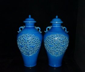 元代宝石蓝釉开片捏花镂空凤纹梅瓶一对 古玩古董古瓷器老货收藏