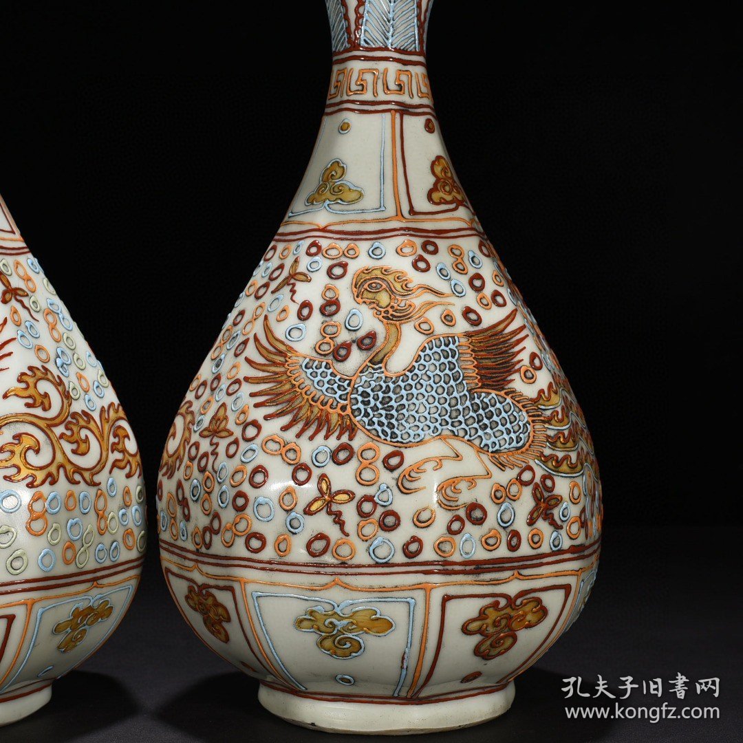 元沥粉描金凤纹八方玉壶春瓶 33*19厘米