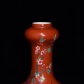 雍正矾红粉彩喜鹊闹梅纹蒜头瓶，高32cm直径20cm