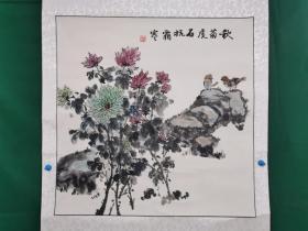 马桂荣 国画《秋菊虎石抗霜寒》（尺寸：66×66cm）纸本立轴