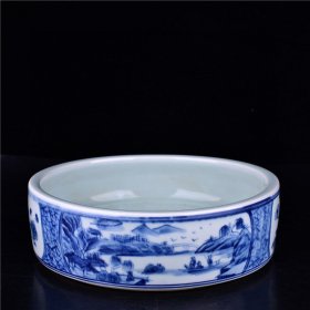 清中期青花山水花鸟纹笔洗古董古玩古瓷器文玩艺术收藏