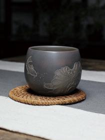 钦州古艺坭兴陶名家连年有鱼杯主人杯原矿紫泥工艺茶杯品茗杯