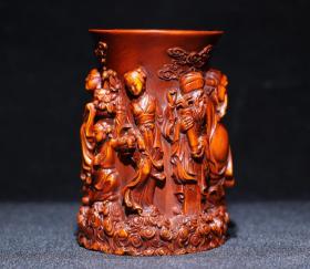 黄杨木精雕八仙笔筒摆件