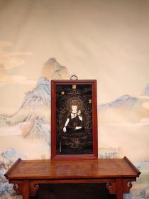郎世宁作品红木镶瓷板画掐丝观音挂屏
