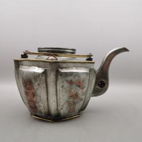 清代六棱嵌铜白锡茶壶
