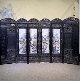 张志汤作品红木镶瓷板画粉彩山水六折落地折叠屏风 高200厘米、中间每块宽53厘米、对联每块宽66.5厘米