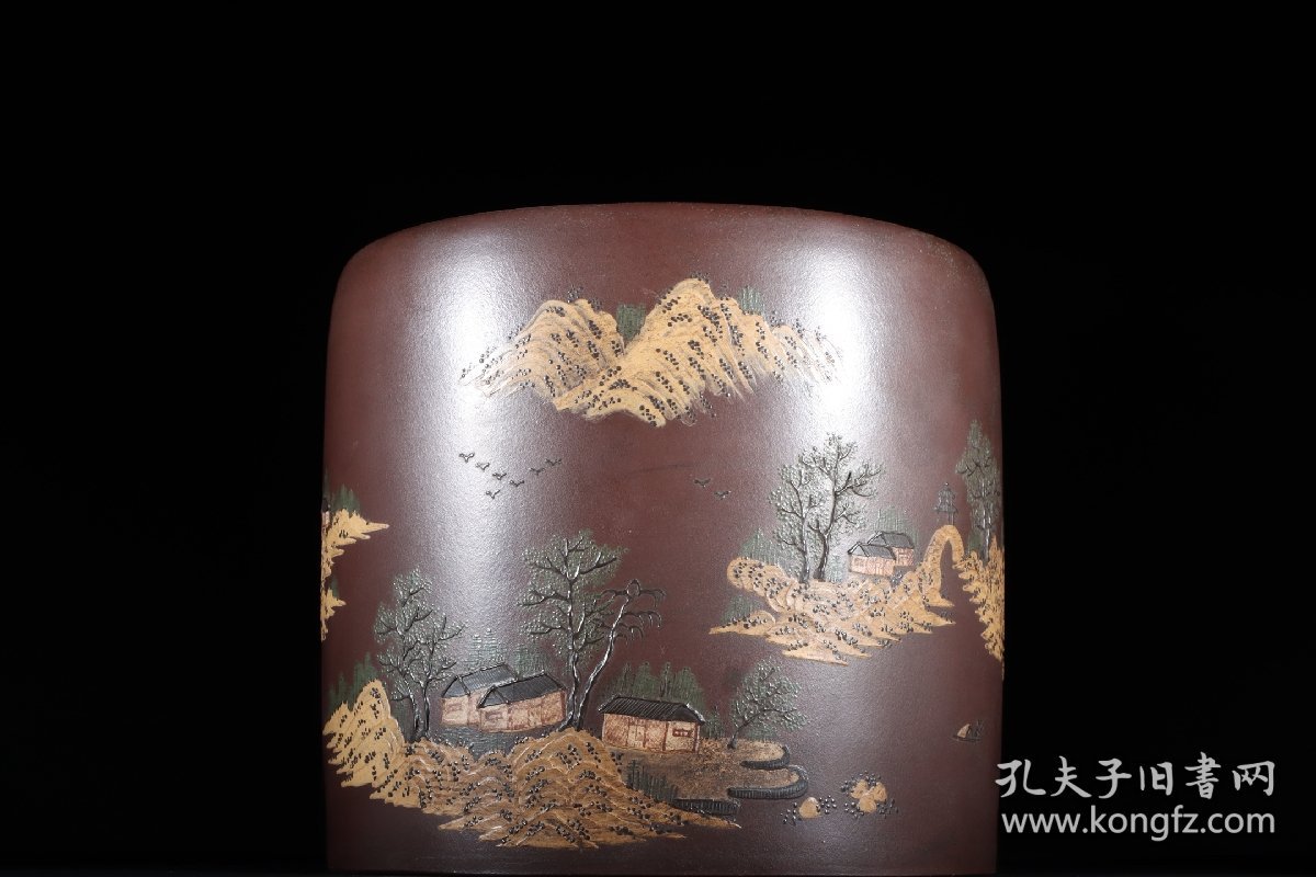 泥绘山水紫砂文房笔斗款识：杨季初 清代高 16.8口径18cm