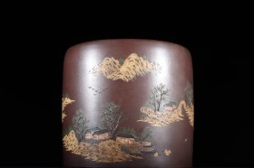 泥绘山水紫砂文房笔斗款识：杨季初 清代高 16.8口径18cm