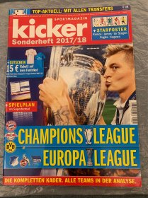 德国踢球者2017/2018赛季欧冠+欧联杯特刊，欧洲两大杯专辑，有所有参赛球队的详细数据，182页。