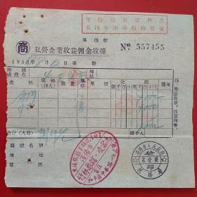 1954年8月12日，住宿费，私营企业收益佣金收据，老字号竹林旅馆，沈阳市人民政府税务局（生日票据，宾馆旅馆住宿类发票）。（56-5）