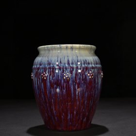 瓷器 清乾隆祭红耀变釉贴塑梅花纹小缸 18*15厘米