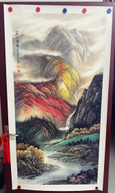 山水画，苍山金辉，日照金山的感觉，很有意境，色彩构图非常漂亮，写意画法，皴法点染，纯手绘，假一赔万，终身保真，国家一级美术师、辽宁省美协会员程云启老师的原创大作，实际画的比照片拍出来要漂亮的多，笔法苍劲有力，浓淡干湿焦，行云流水。尺寸1.4米×70公分，四尺整张的，家里客厅，沙发背景墙，玄关，书房，中堂，茶室，办公室都可悬挂，闭眼入，真的非常好看。