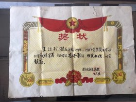 1987年安康县河东学校，大尺幅先进教师奖状，尺寸：53*38.5厘米，品如图，35包邮。