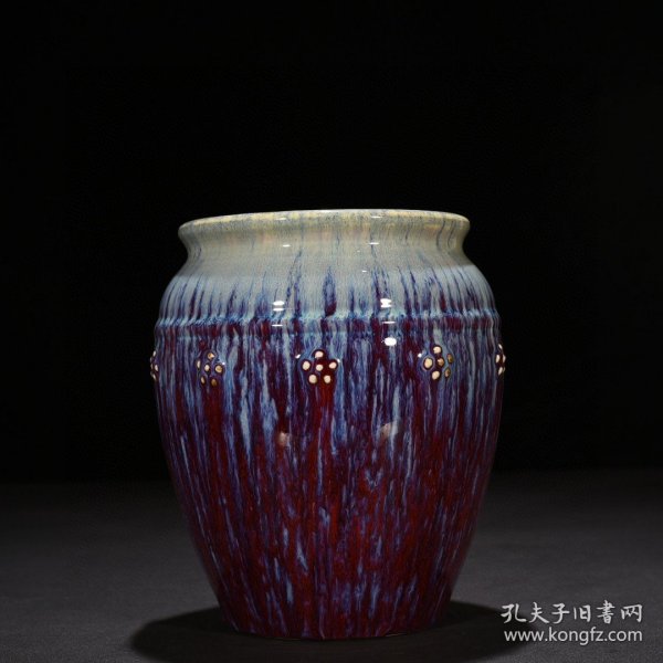 瓷器 清乾隆祭红耀变釉贴塑梅花纹小缸 18*15厘米