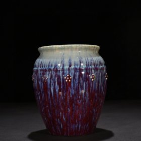 瓷器 清乾隆祭红耀变釉贴塑梅花纹小缸 18*15厘米