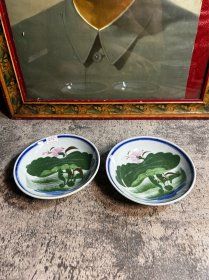 民国时期，湖南瓷业公司，醴陵釉下彩荷花小碟子一对y