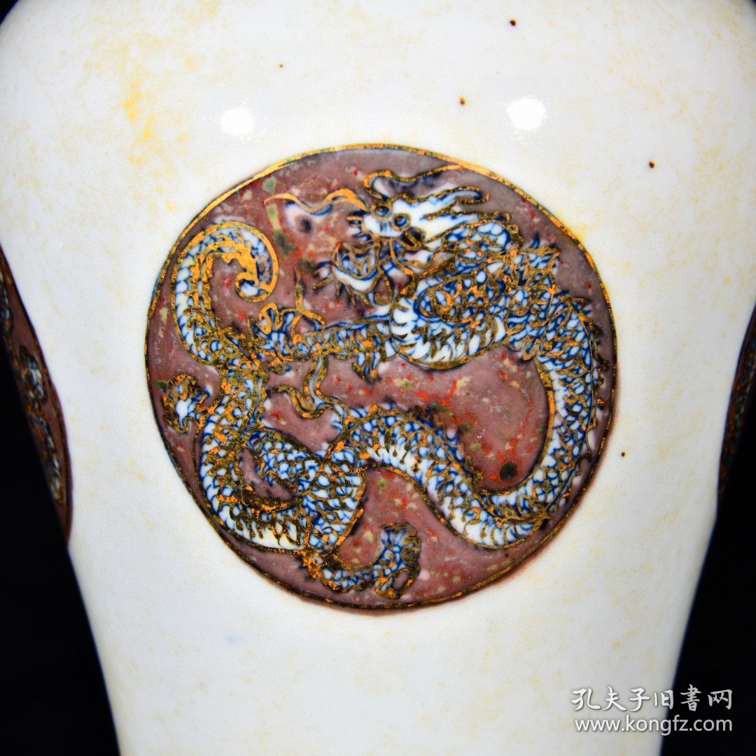 大清康熙年制青花釉里红云龙纹戗金观音尊 高24.5径10厘米1