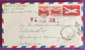 1948年美国航空邮资封，加贴两枚飞机邮票实寄封，盖水波纹机戳。
