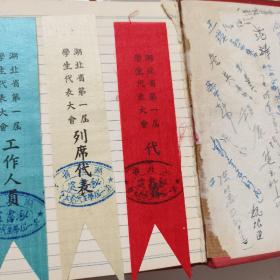 湖北省首届学生代表大会纪念，1950年，工作人员，代表，主席团，列席代表，4个证牌，多人签名！笔记本，本子有残缺！仔细看图，自订！