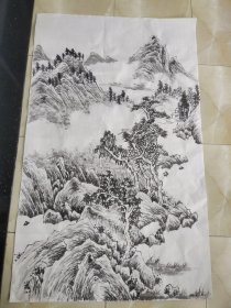 手绘原创国画水墨山水画作品一副保真真迹没落款.青山绿水一人家