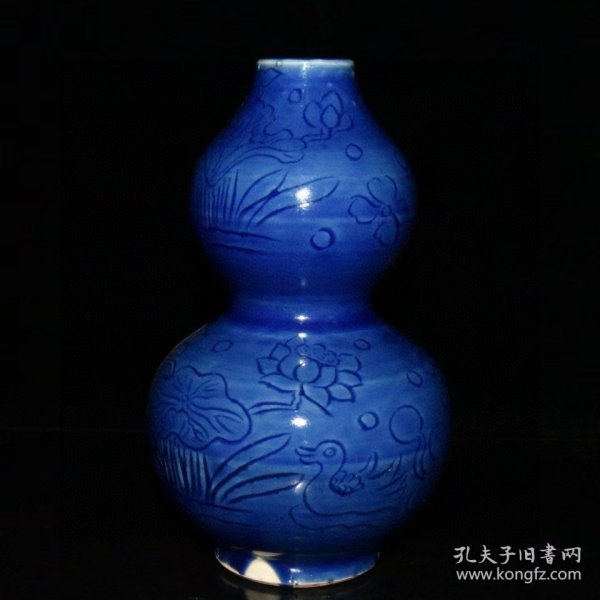 乡下收的元代霁蓝釉雕刻鸳鸯戏水葫芦瓶【20.3x12cm】