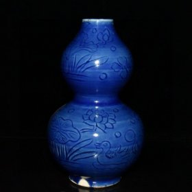 乡下收的元代霁蓝釉雕刻鸳鸯戏水葫芦瓶【20.3x12cm】