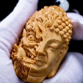太行崖柏手把件善恶佛魔一念之间吊坠佛头小挂件工艺品