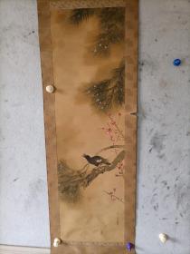 清代【凡鸟？】（日本回流）绢本花鸟立轴<松梅喜鹊>  原装裱