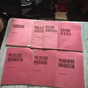 共7本合售。车尔尼钢琴流畅练习曲 、车尼尔钢琴初步教程、小奏鸣曲集 、巴赫初级钢琴曲集、布格缪勒钢琴进阶25曲、巴赫创意曲集、哈农钢琴练指法