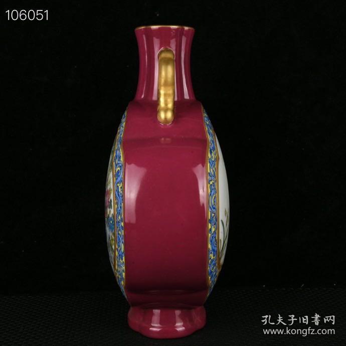 清乾隆胭脂红秞开光珐琅彩描金安居落业纹双耳扁瓶