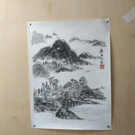 浙北文化人[濮靖]老师创作的临古山水画小镜心作品，濮靖，字清，号小来居士、朴斋、胥塘野史，籍贯浙江桐庐分水，出生于浙江嘉善西塘，杭州大学教育系学校教育专业毕业，现任教于海宁市第一中学。诗人、画人，著有诗集《划火柴》《春天里的摇滚乐》。