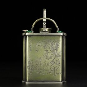 白铜錾刻人物故事方形提梁温酒壶，长9厘米宽9厘米高11厘米，重635克