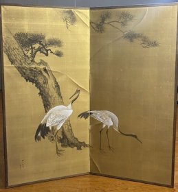 川端玉章（1842－1913）屏风 老松双鹤图 手绘 茶挂 茶室 茶器 字画 古笔 南画 日本画 挂轴 国画 文人画 古画 老画