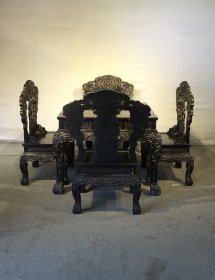 精品高浮雕紫檀八仙桌五件套